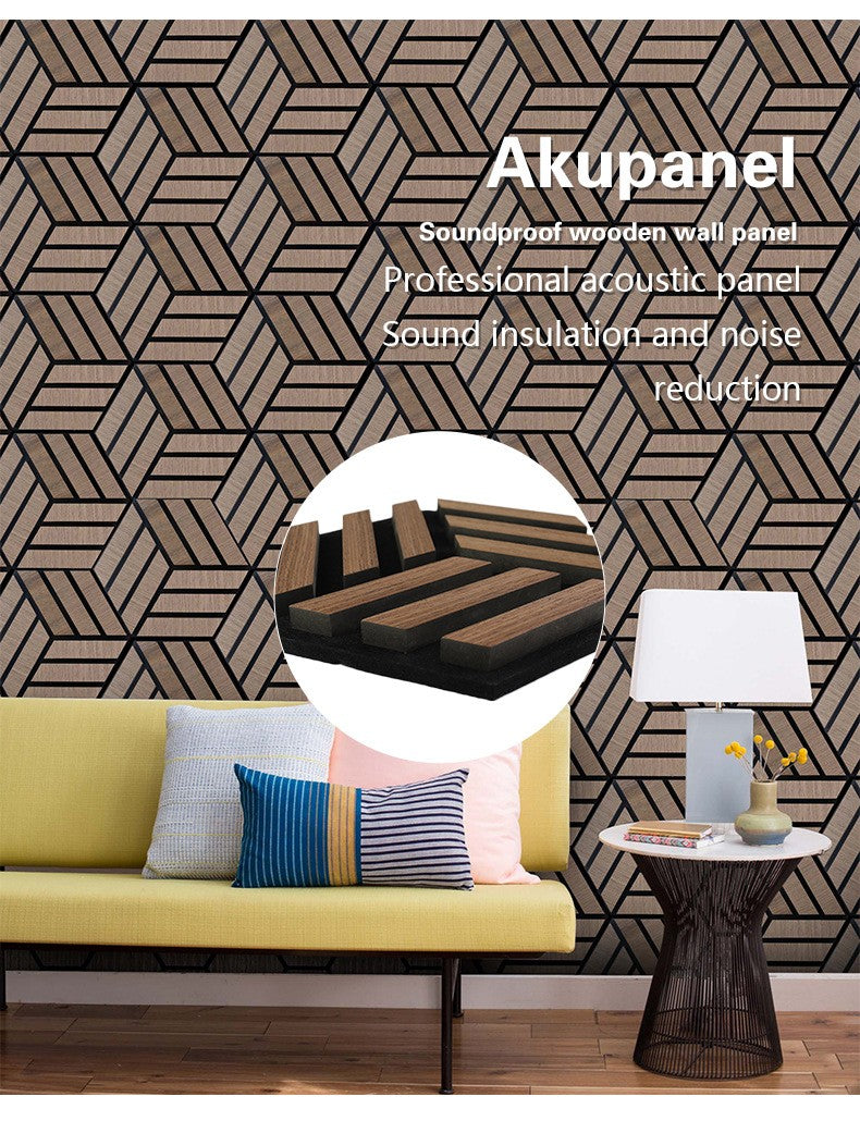 Soundproof wooden wall panel with geometric hexagon pattern enhancing decor and acoustics, featured behind a sofa and lamp.